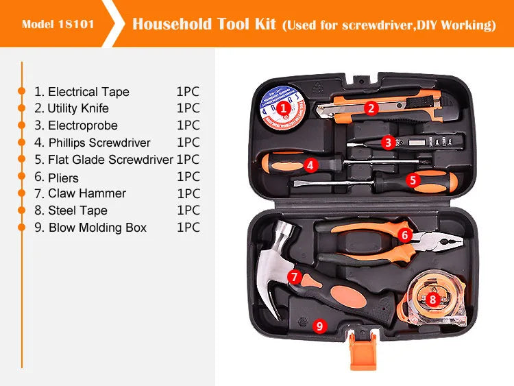Large 9Pcs Household Hardware Hand Tool Set Hardware Toolbox