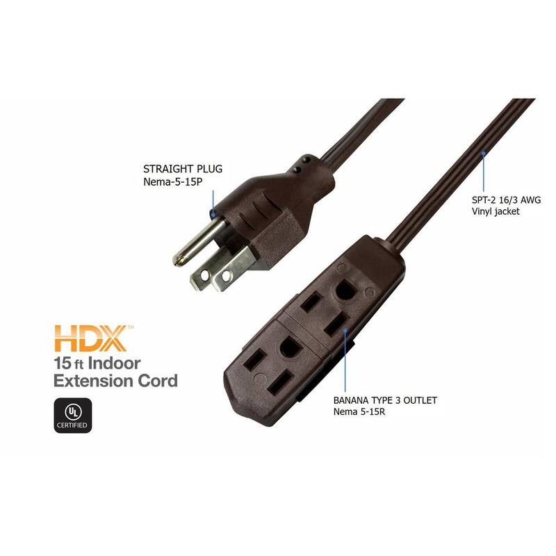 15 ft. 16/3 Light Duty Indoor Extension Cord with Banana Tap, Brown