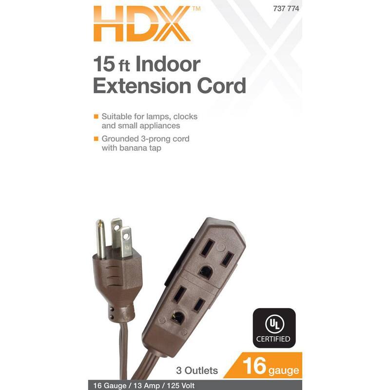 15 ft. 16/3 Light Duty Indoor Extension Cord with Banana Tap, Brown