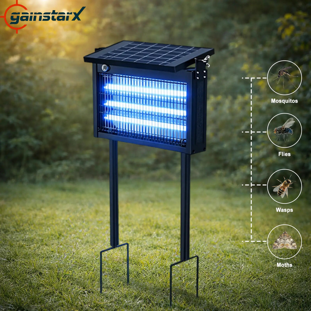 Gainstarx Solar Bug Zapper Outdoor Waterproof Electric Mosquito and Fly Zapper with Smart Light Sensor Rechargeable Solar Powered Trap for Patio, Backyard, Garden, Camping, and Indoor Use