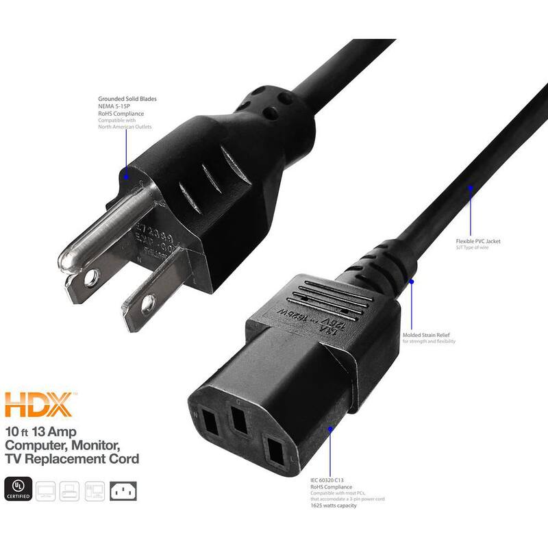 10 ft. 16/3 Light Duty Computer, Monitor, TV Replacement Cord, Black
