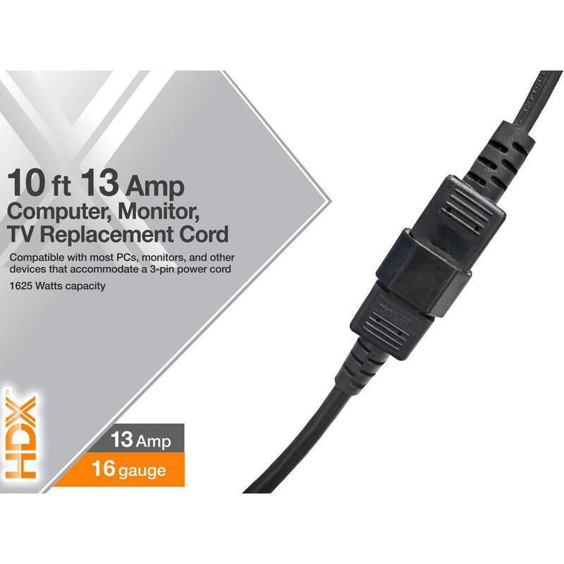10 ft. 16/3 Light Duty Computer, Monitor, TV Replacement Cord, Black