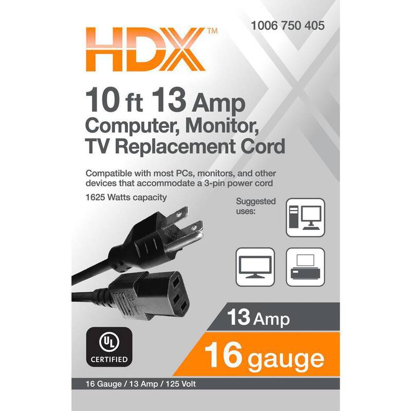10 ft. 16/3 Light Duty Computer, Monitor, TV Replacement Cord, Black