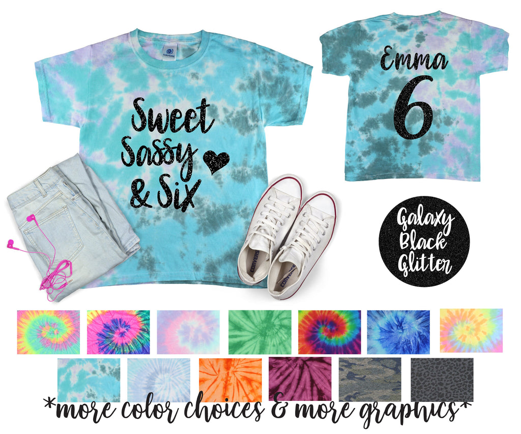 Sweet Sassy and Six Unicorn Tie Dye Shirt Black Glitter Vinyl Birthday Girl Shirt Girl Birthday Shirt Tween Birthday CUSTOM Many Designs