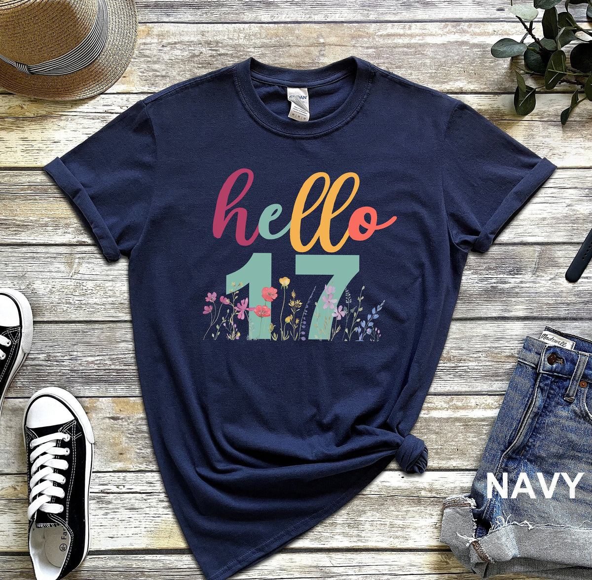 17th Birthday Gift for Girls, Hello 17 Shirt, 17th Birthday T-Shirt, 17th Birthday Party Tee, Flowers Birthday Shirt, 17 Years Old Gift
