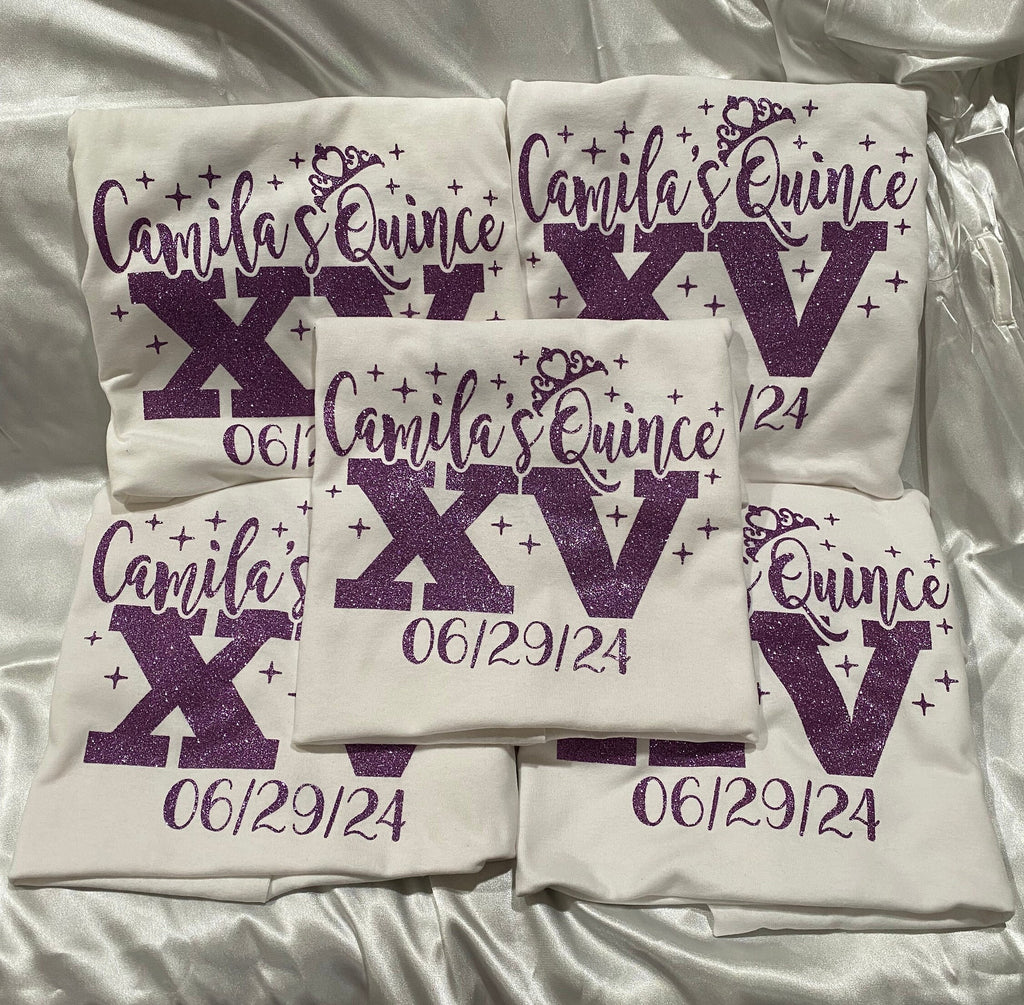 Includes FREE back personalization, Mis Quince custom tees with crown, quince squad , playera para quince, camiseta para dama y chambelán.