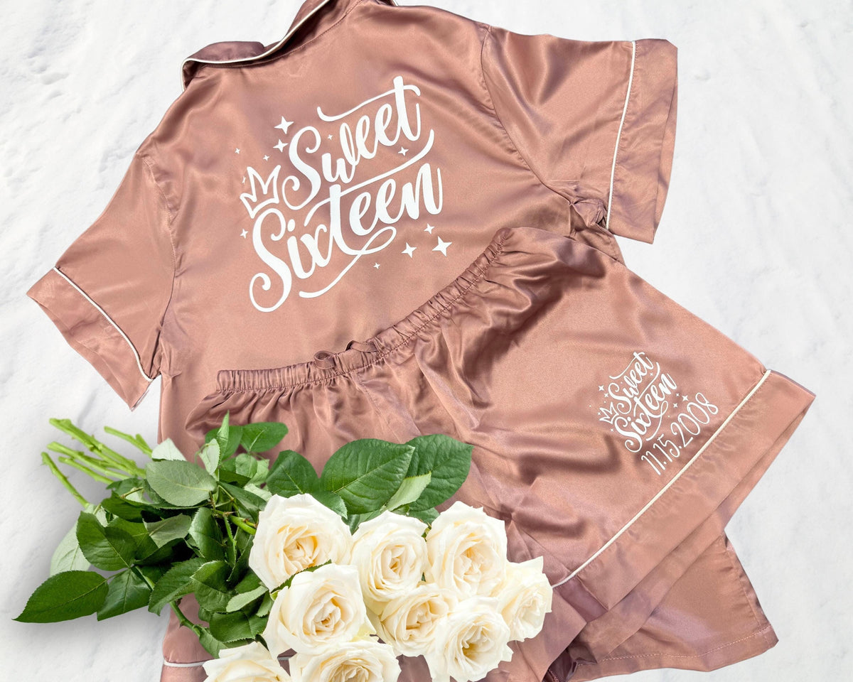 Sweet Sixteen Pajamas, Birthday Party Monogram Satin Pajamas Set, Birthday Girl PJs, Sweet 16 Gift for Girls, Birthday Gift for Daughter