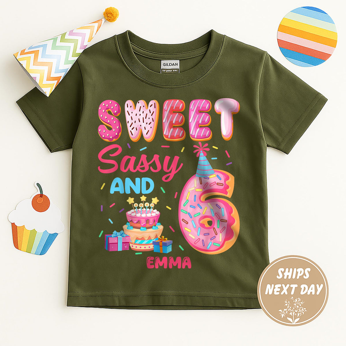 Personalized Sweet Sassy And 6 Birthday Shirt for Girls, Custom Name Tee, Cute Donut Birthday Outfit, Sixth Birthday Party Gift for Child