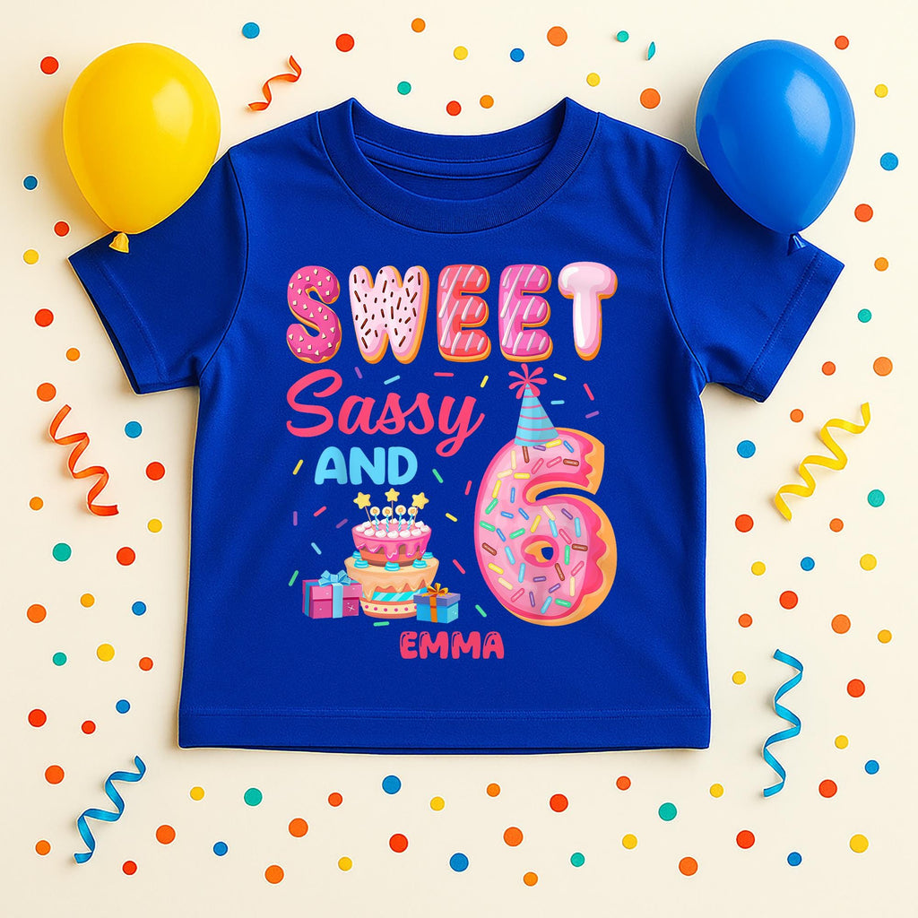Personalized Sweet Sassy And 6 Birthday Shirt for Girls, Custom Name Tee, Cute Donut Birthday Outfit, Sixth Birthday Party Gift for Child