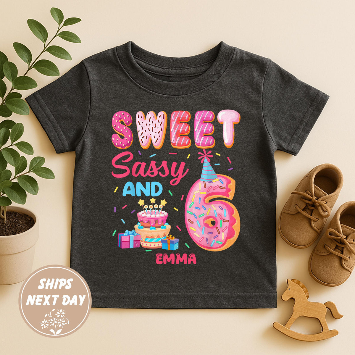 Personalized Sweet Sassy And 6 Birthday Shirt for Girls, Custom Name Tee, Cute Donut Birthday Outfit, Sixth Birthday Party Gift for Child