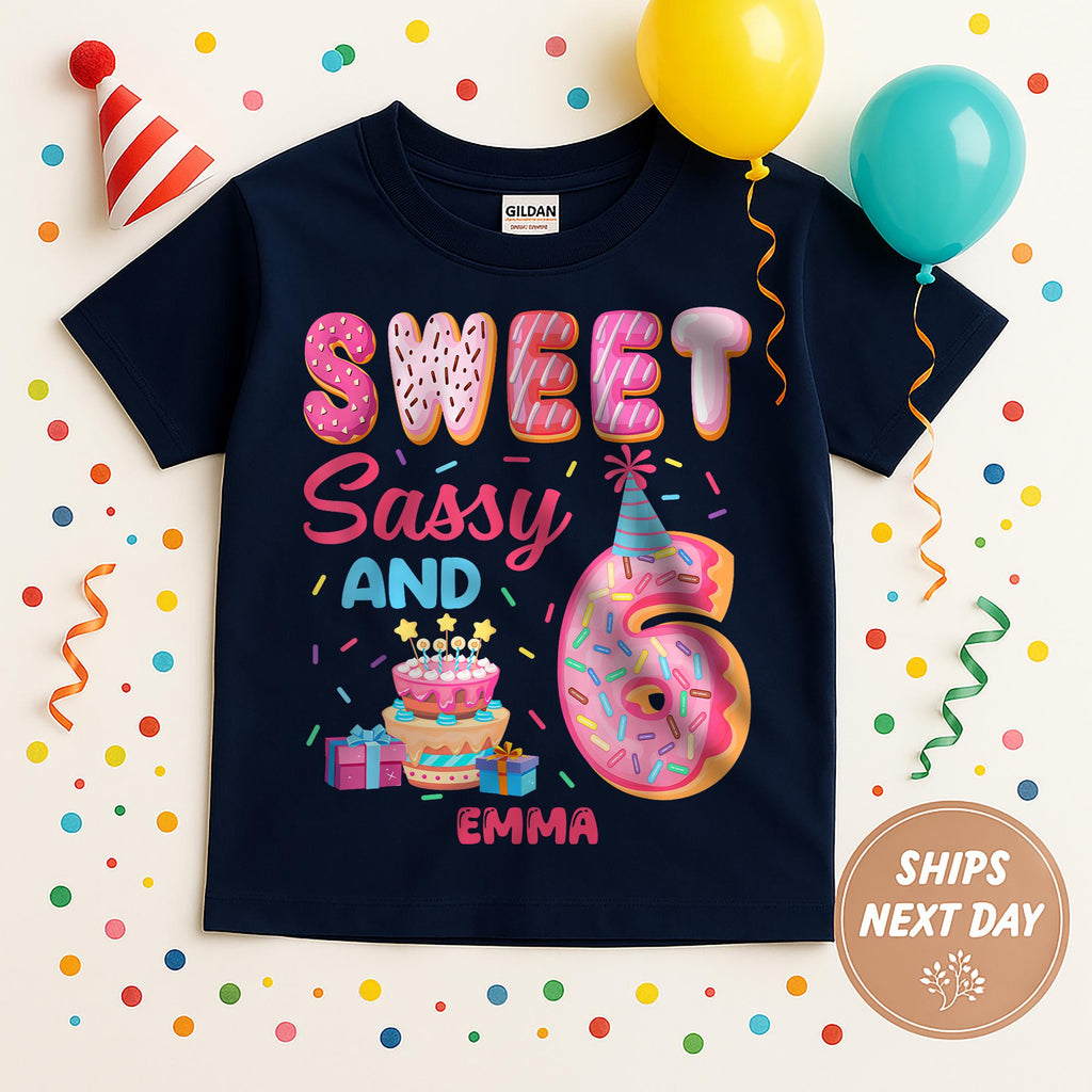 Personalized Sweet Sassy And 6 Birthday Shirt for Girls, Custom Name Tee, Cute Donut Birthday Outfit, Sixth Birthday Party Gift for Child