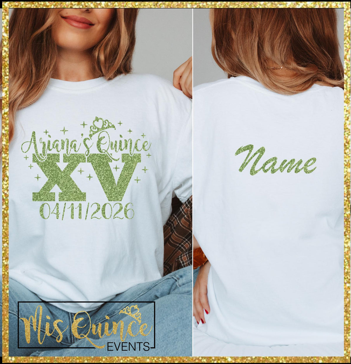 Includes FREE back personalization, Mis Quince custom tees with crown, quince squad , playera para quince, camiseta para dama y chambelán.