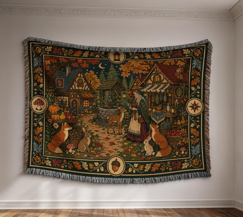 Woodland Cottage Woven Blanket, Autumn Forest Village Tapestry Throw, Fox Deer Rabbit Folk Garden Scene, Fall Halloween Wall Hanging Gift
