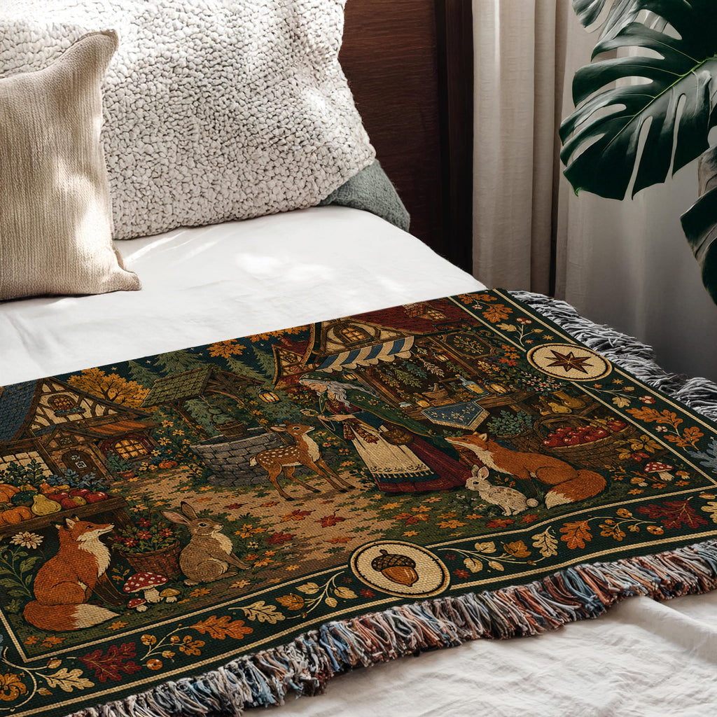 Woodland Cottage Woven Blanket, Autumn Forest Village Tapestry Throw, Fox Deer Rabbit Folk Garden Scene, Fall Halloween Wall Hanging Gift