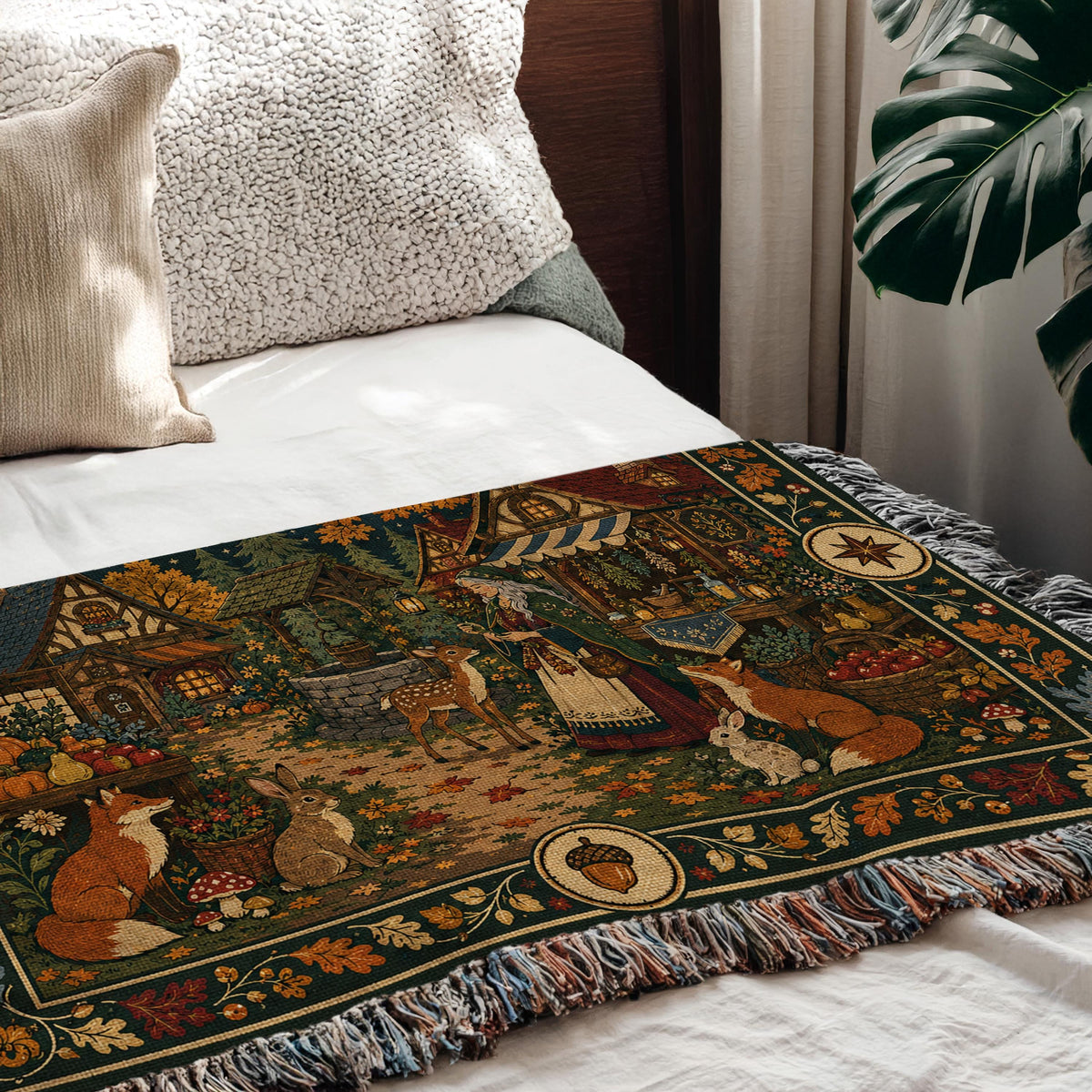 Woodland Cottage Woven Blanket, Autumn Forest Village Tapestry Throw, Fox Deer Rabbit Folk Garden Scene, Fall Halloween Wall Hanging Gift