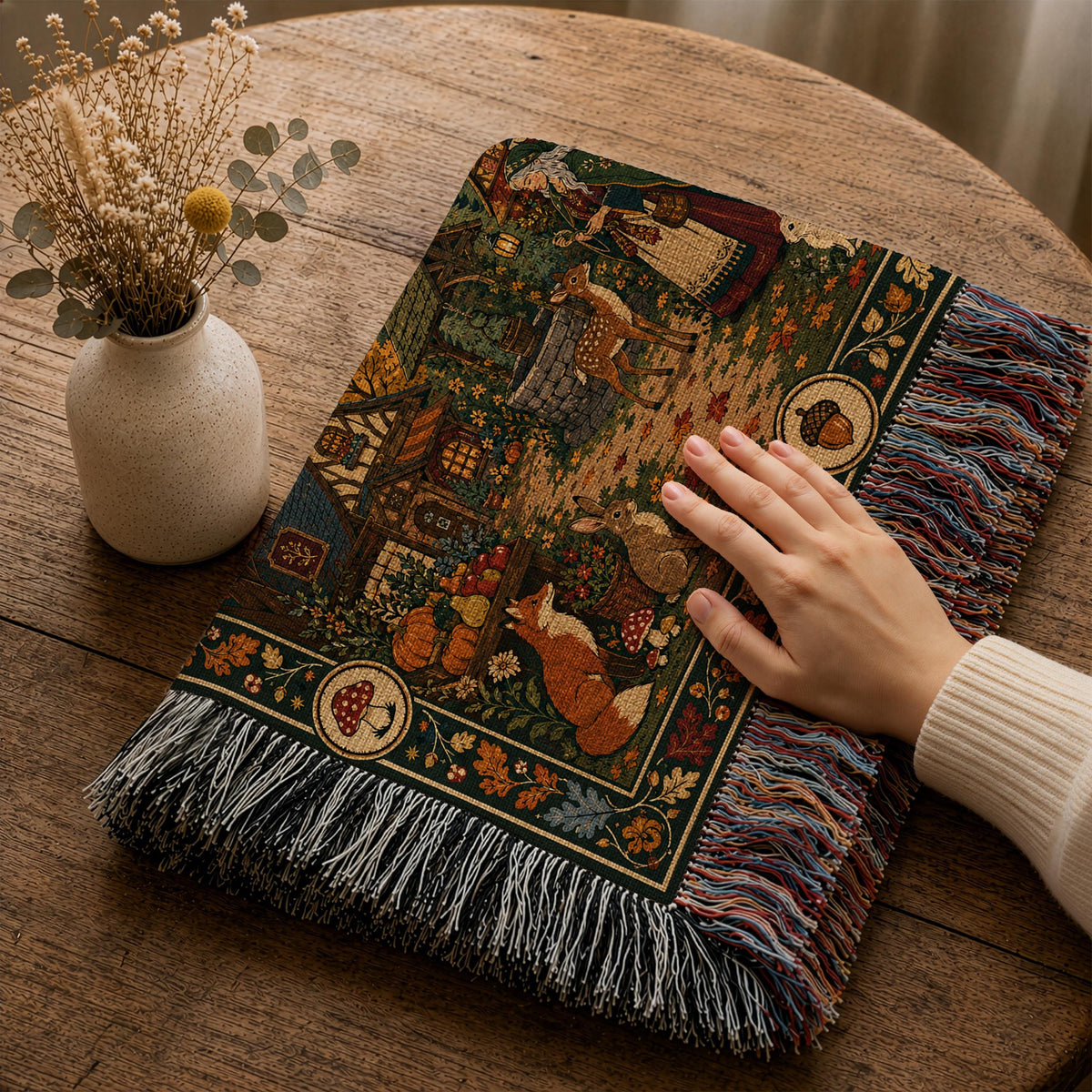 Woodland Cottage Woven Blanket, Autumn Forest Village Tapestry Throw, Fox Deer Rabbit Folk Garden Scene, Fall Halloween Wall Hanging Gift
