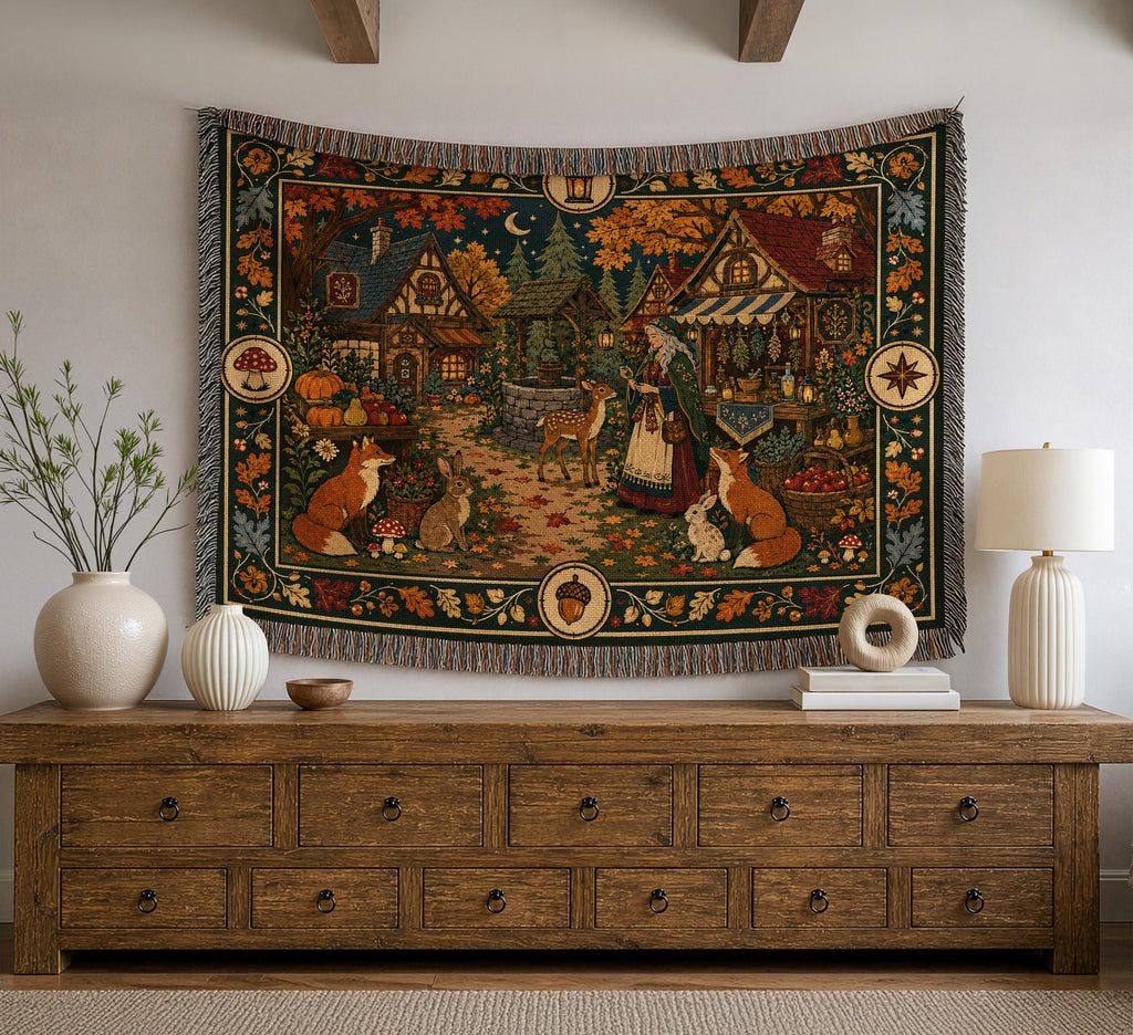 Woodland Cottage Woven Blanket, Autumn Forest Village Tapestry Throw, Fox Deer Rabbit Folk Garden Scene, Fall Halloween Wall Hanging Gift