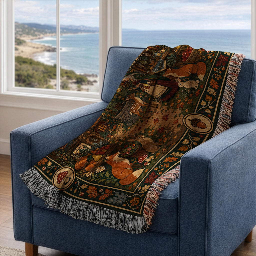 Woodland Cottage Woven Blanket, Autumn Forest Village Tapestry Throw, Fox Deer Rabbit Folk Garden Scene, Fall Halloween Wall Hanging Gift
