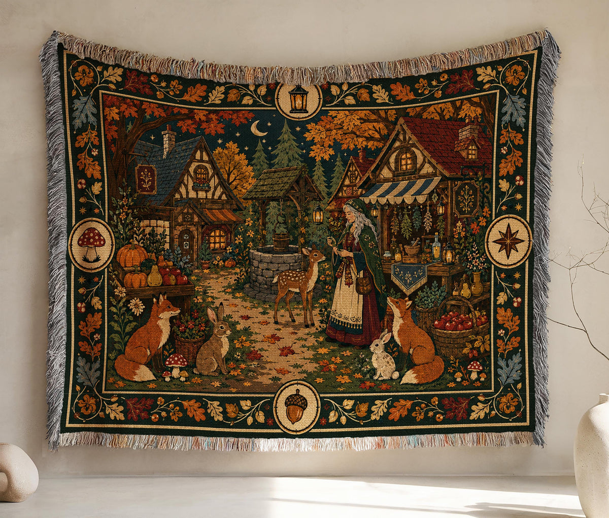 Woodland Cottage Woven Blanket, Autumn Forest Village Tapestry Throw, Fox Deer Rabbit Folk Garden Scene, Fall Halloween Wall Hanging Gift