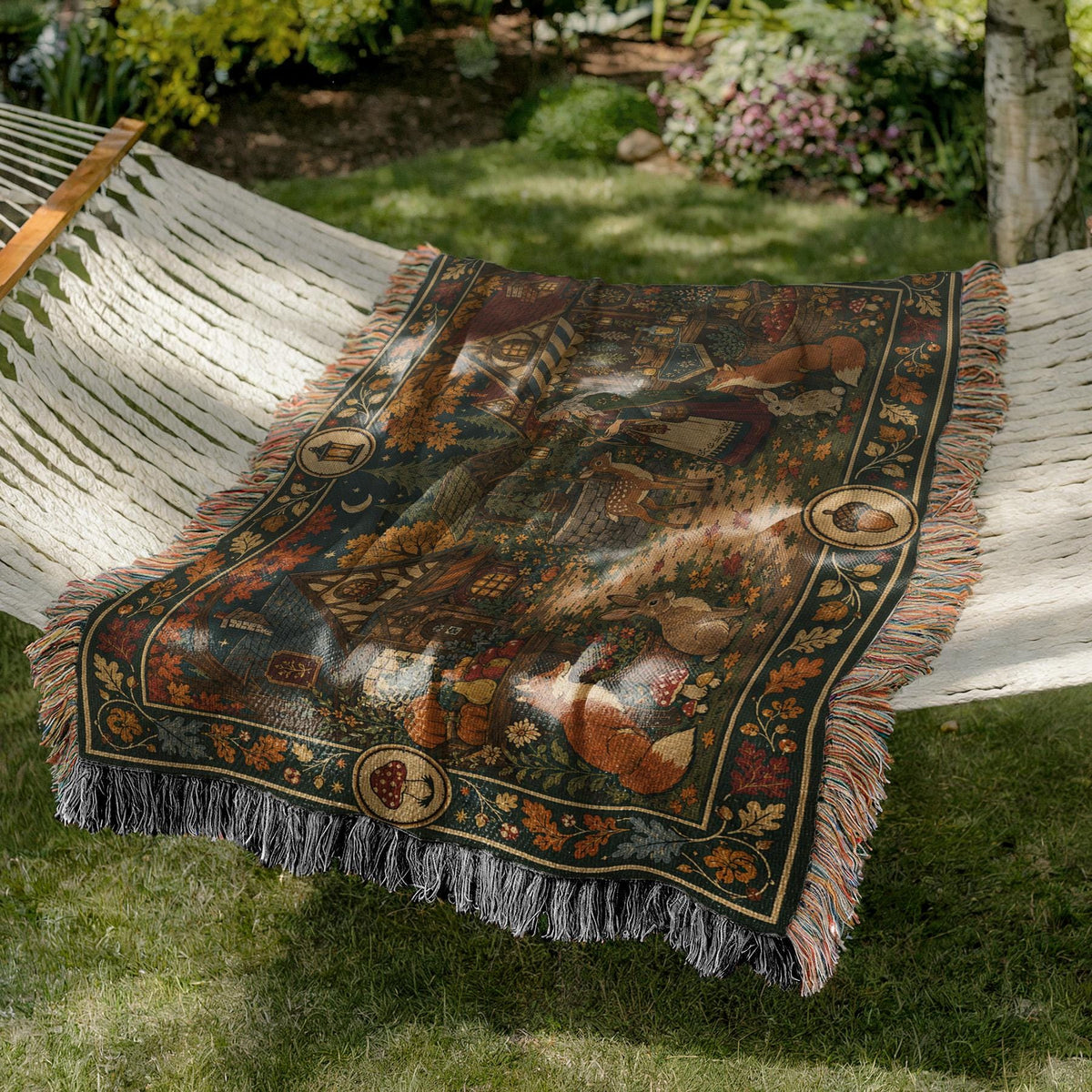 Woodland Cottage Woven Blanket, Autumn Forest Village Tapestry Throw, Fox Deer Rabbit Folk Garden Scene, Fall Halloween Wall Hanging Gift