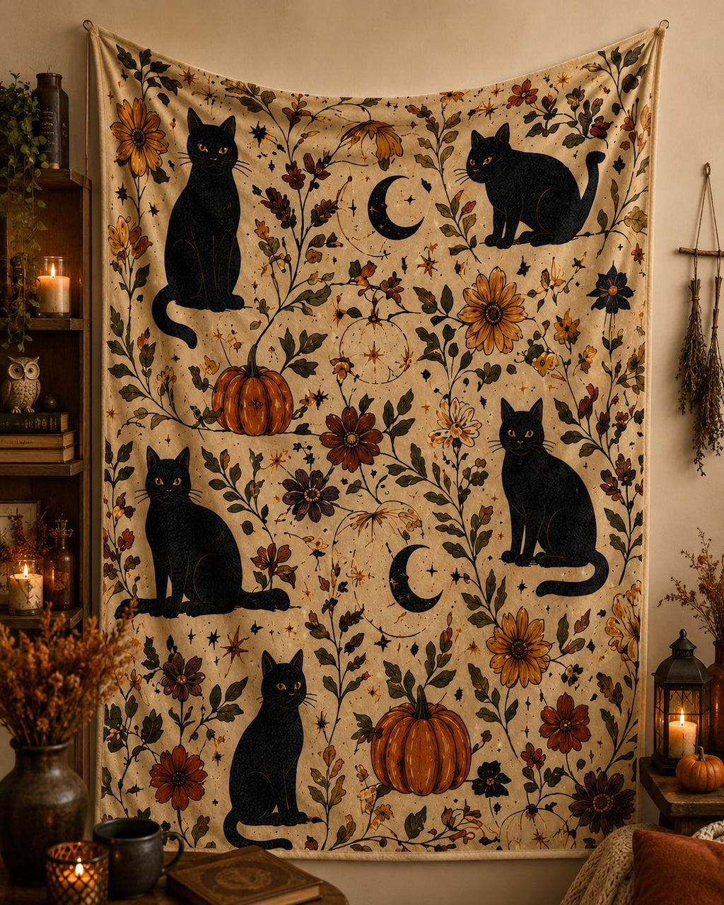 Black Cat Halloween Blanket, Botanical Autumn Throw, Cottagecore Spooky Decor
