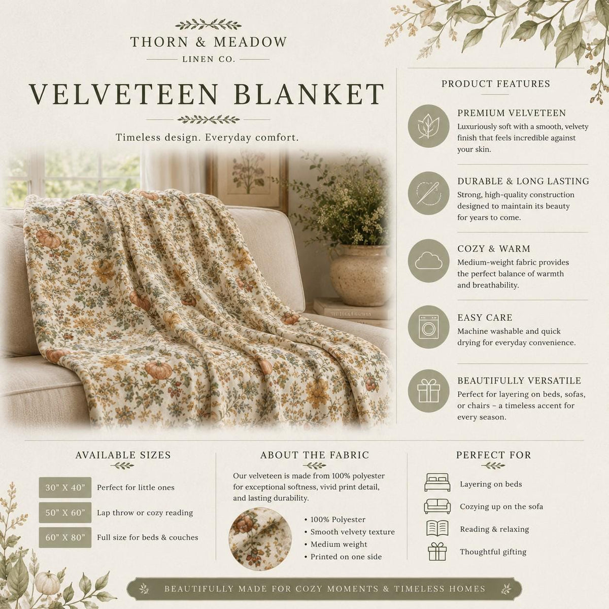 Pumpkin & Bramble Velveteen Blanket | Cozy Autumn Throw | Fall Decor