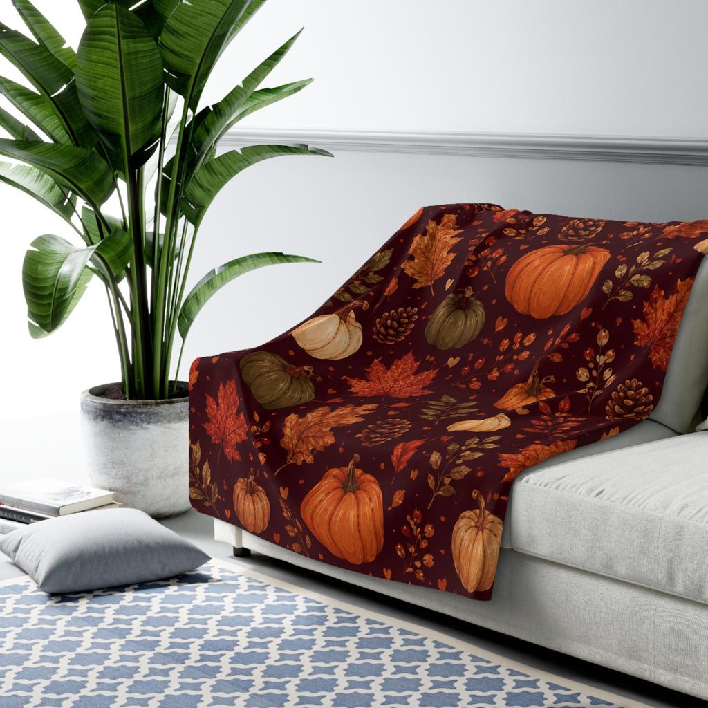 Autumn Leaves Cozy Throw Blanket | Fall Blanket | Leaves and Pumpkins Blanket | Fall Decor | Plush and Sherpa Blanket