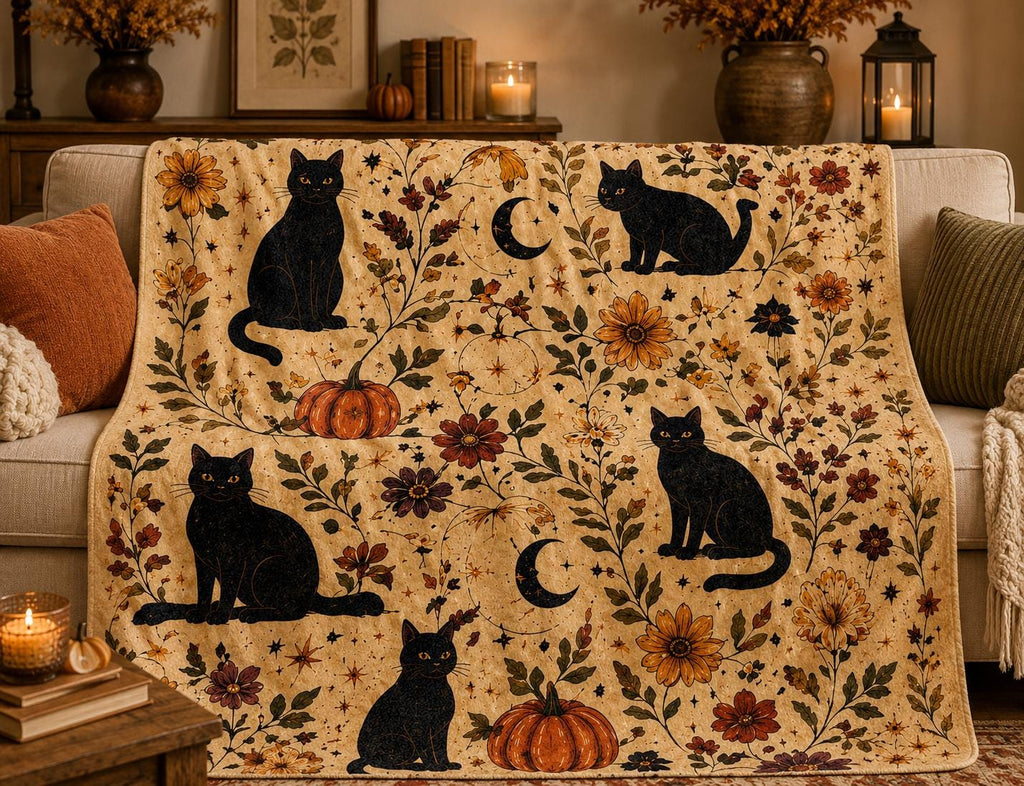 Black Cat Halloween Blanket, Botanical Autumn Throw, Cottagecore Spooky Decor