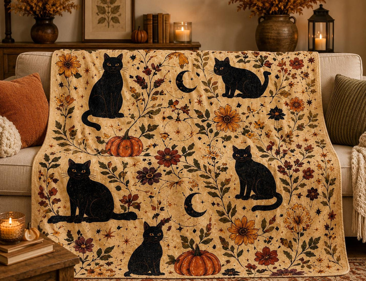 Black Cat Halloween Blanket, Botanical Autumn Throw, Cottagecore Spooky Decor