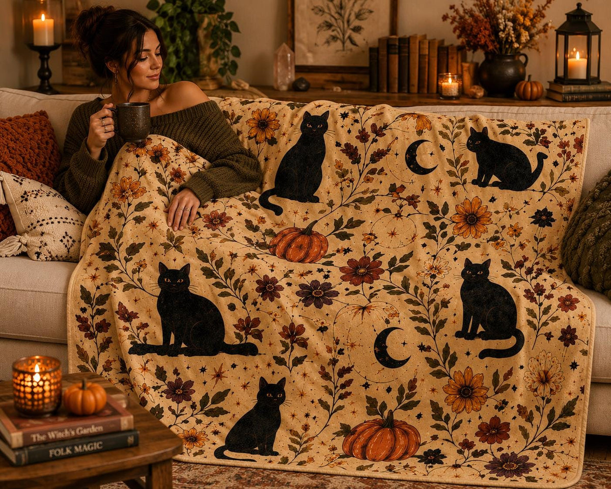 Black Cat Halloween Blanket, Botanical Autumn Throw, Cottagecore Spooky Decor
