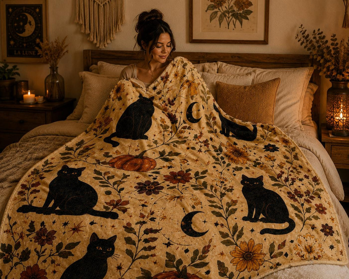 Black Cat Halloween Blanket, Botanical Autumn Throw, Cottagecore Spooky Decor