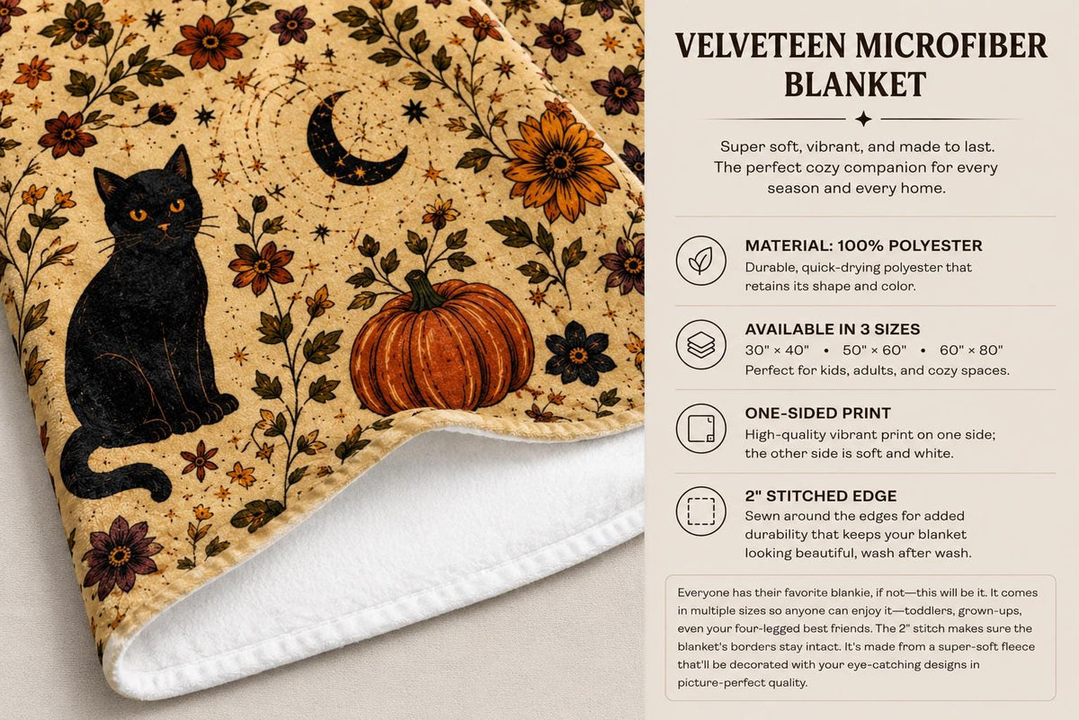 Black Cat Halloween Blanket, Botanical Autumn Throw, Cottagecore Spooky Decor