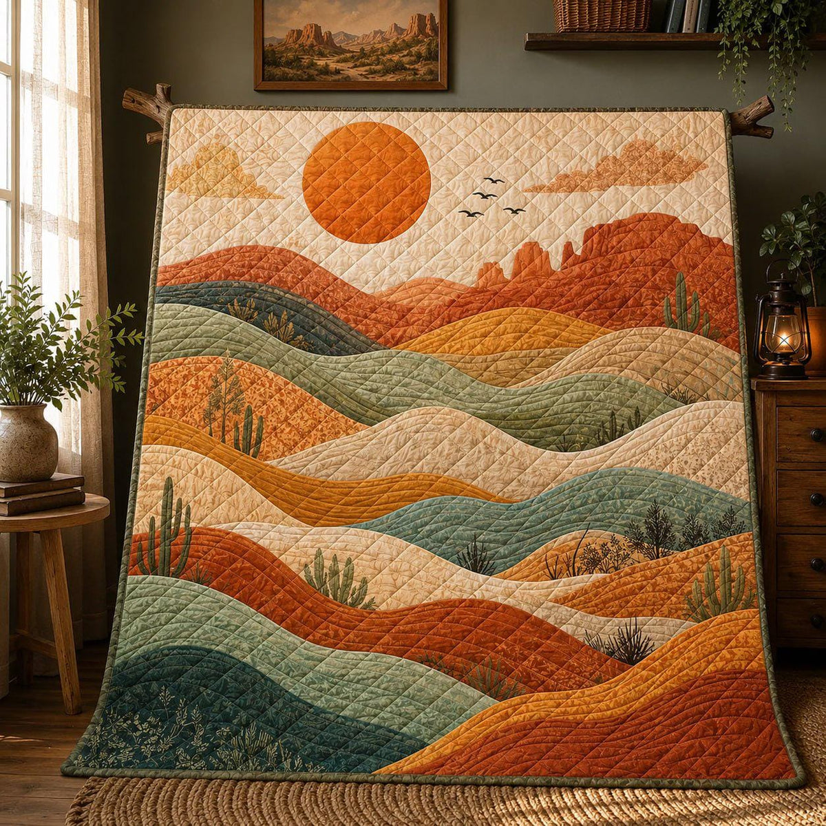 Mountain Landscape Quilt Blanket, Cozy Cabin Throw, Fall Forest Bedding, Outdoor Lover Gift