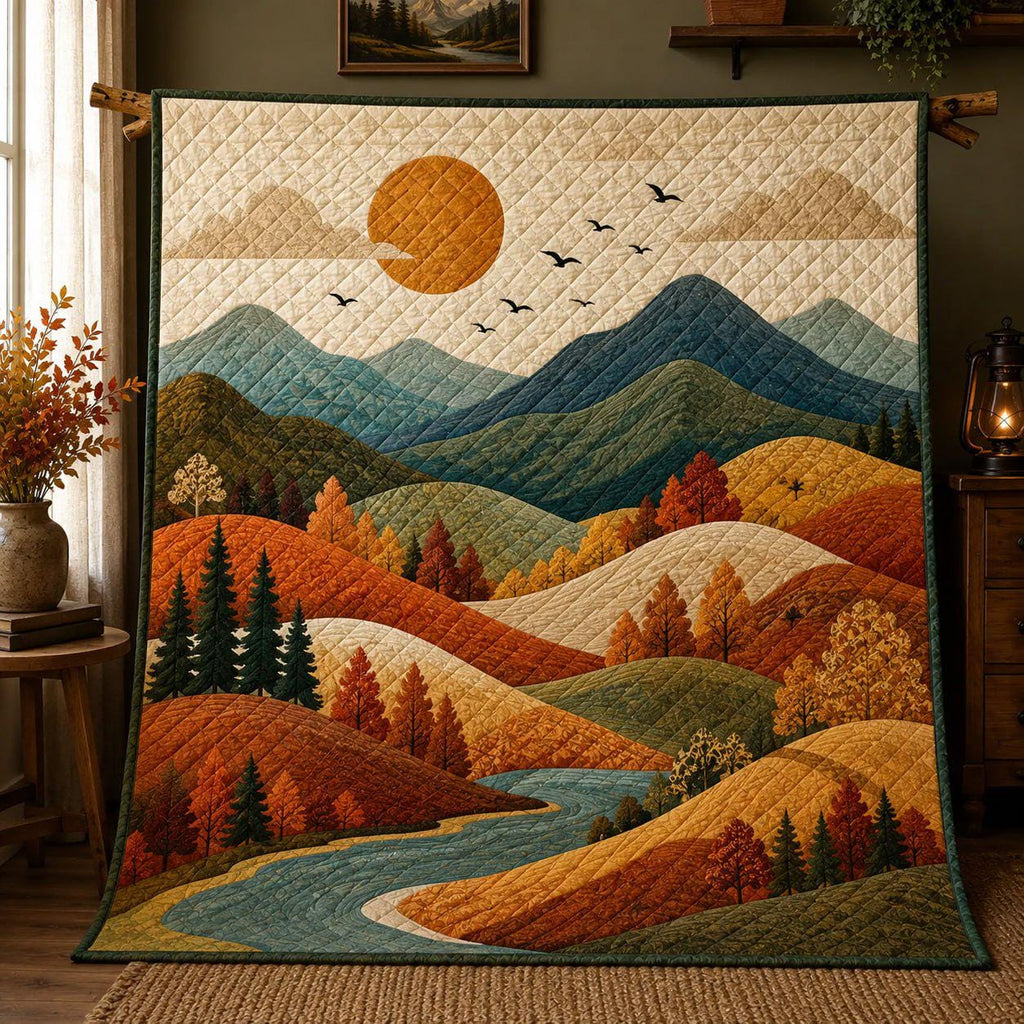 Mountain Landscape Quilt Blanket, Cozy Cabin Throw, Fall Forest Bedding, Outdoor Lover Gift