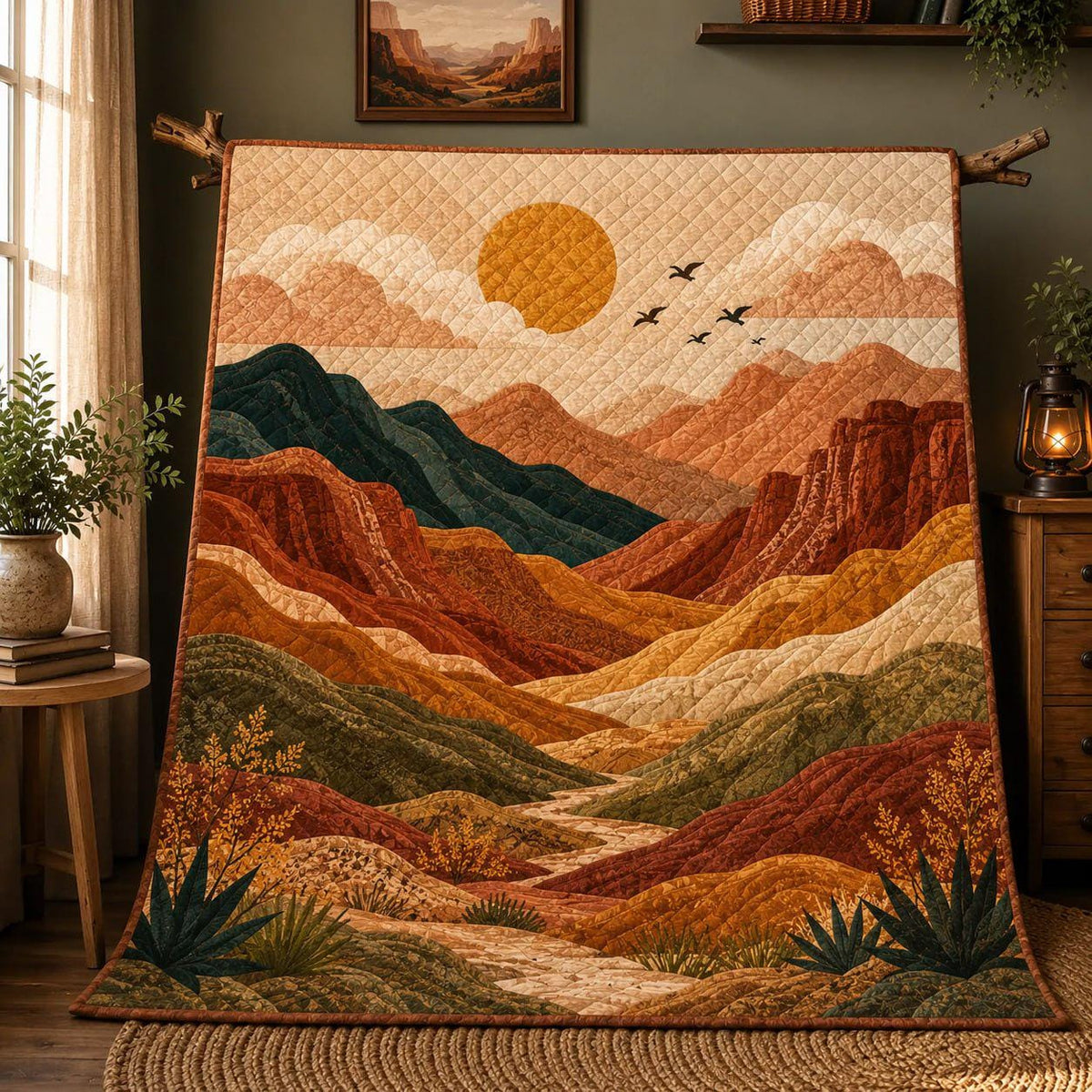 Mountain Landscape Quilt Blanket, Cozy Cabin Throw, Fall Forest Bedding, Outdoor Lover Gift
