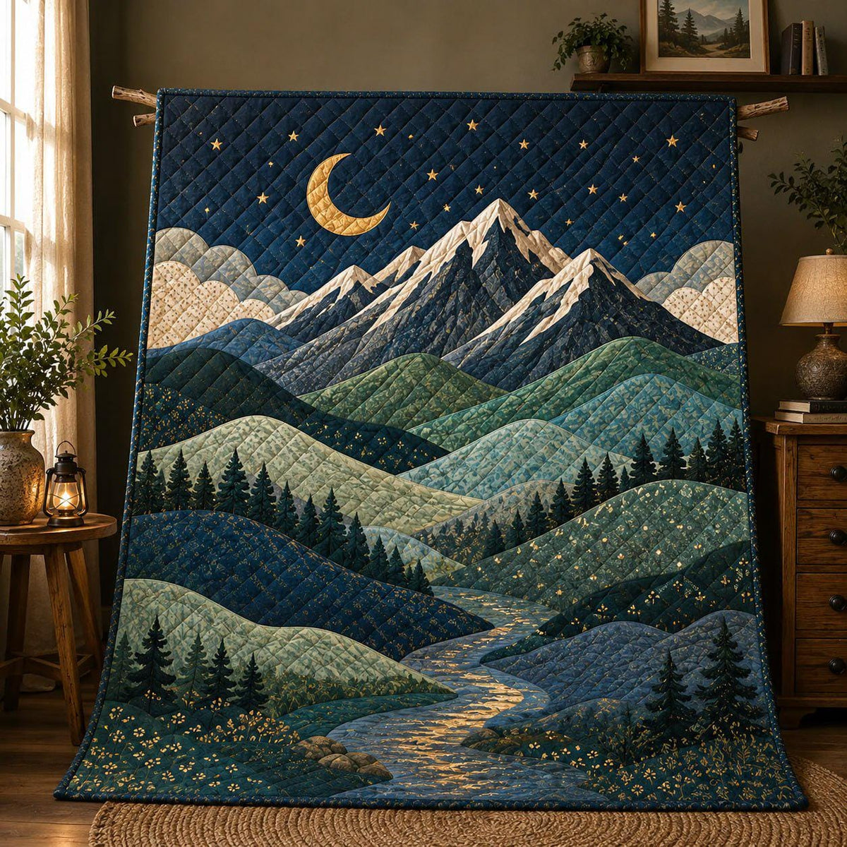 Mountain Landscape Quilt Blanket, Cozy Cabin Throw, Fall Forest Bedding, Outdoor Lover Gift