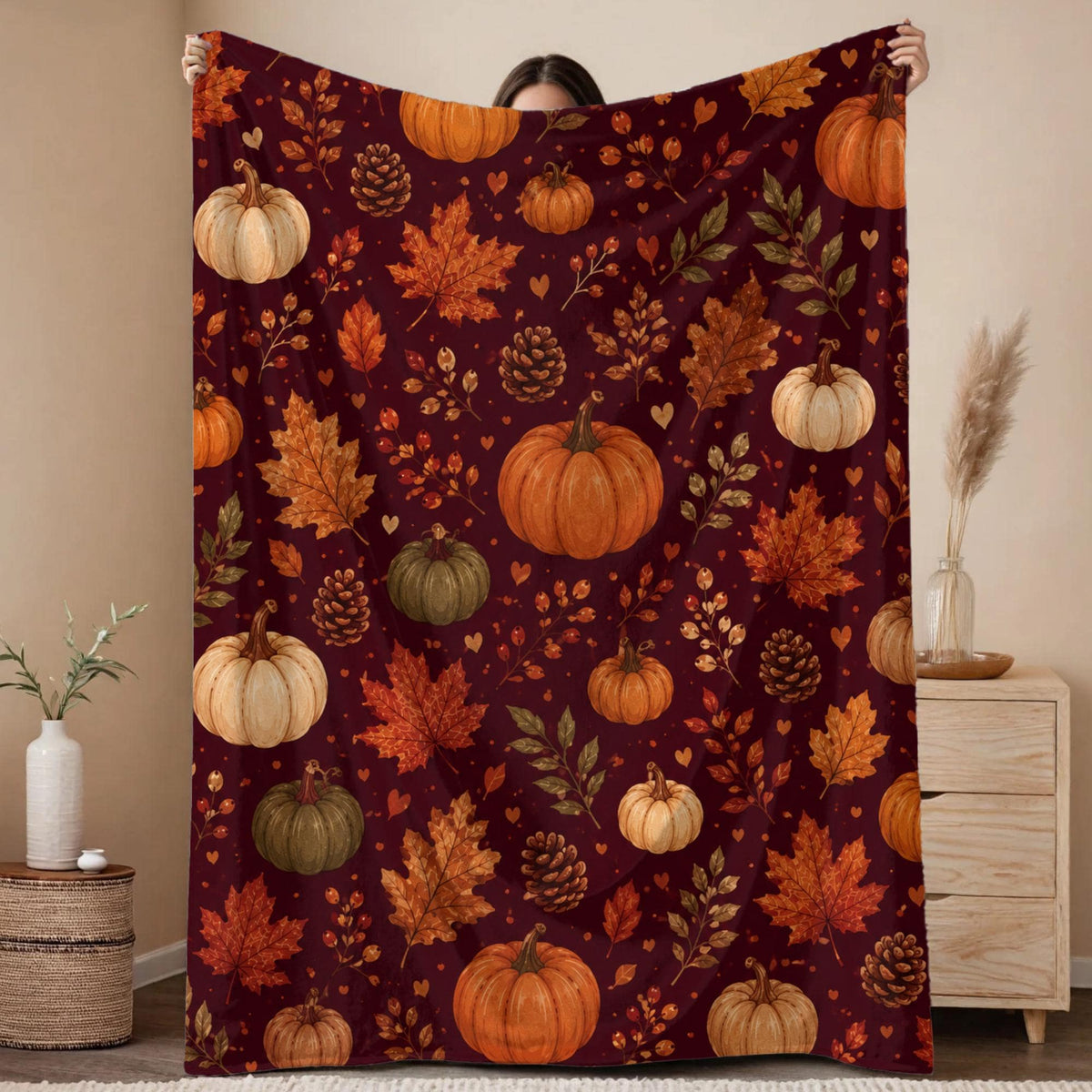 Autumn Leaves Cozy Throw Blanket | Fall Blanket | Leaves and Pumpkins Blanket | Fall Decor | Plush and Sherpa Blanket