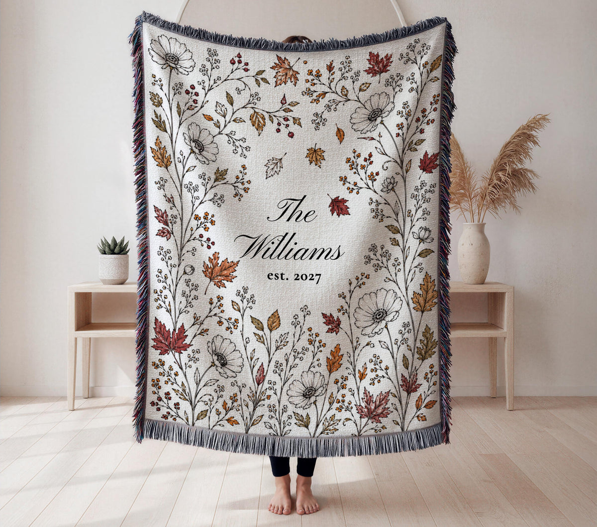 Personalized Fall Woven Blanket, Custom Family Name Throw, Autumn Wedding Gift for Couple, Cotton Anniversary Gift, Bridal Shower Decor