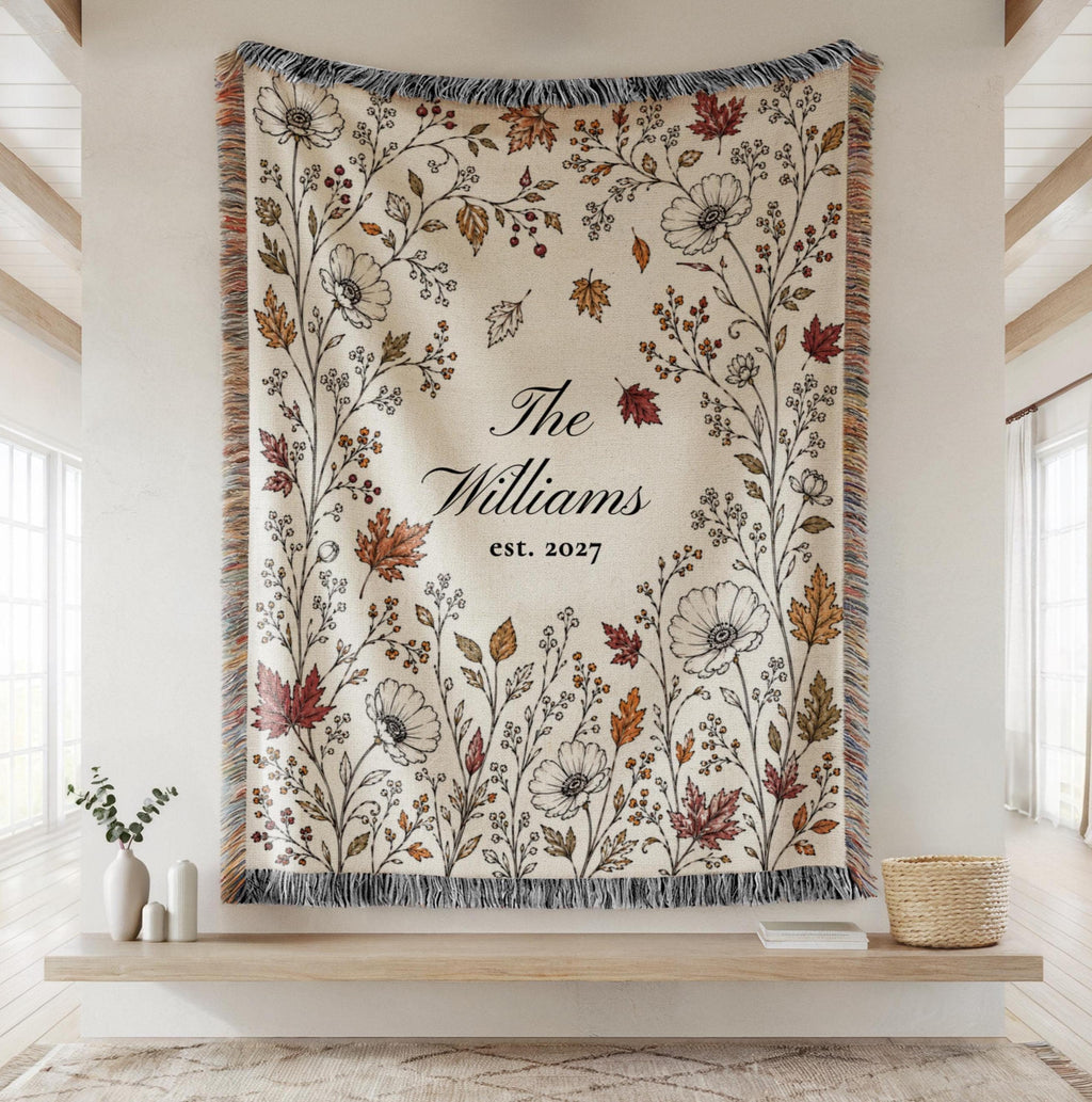 Personalized Fall Woven Blanket, Custom Family Name Throw, Autumn Wedding Gift for Couple, Cotton Anniversary Gift, Bridal Shower Decor