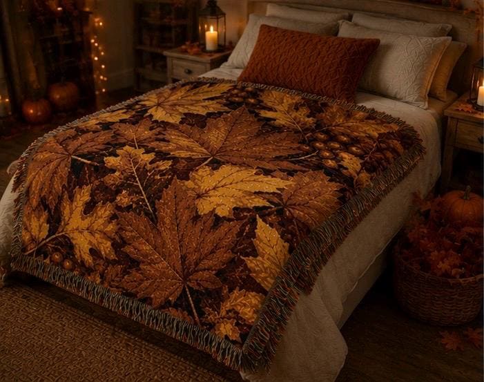 Autumn Leaves Woven Blanket | Fall Leaf Throw, Cozy Harvest Tapestry