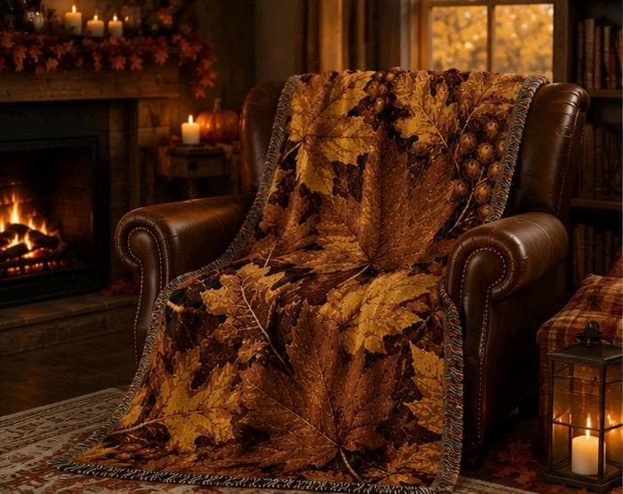 Autumn Leaves Woven Blanket | Fall Leaf Throw, Cozy Harvest Tapestry