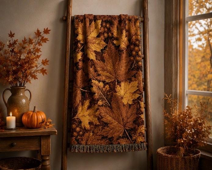 Autumn Leaves Woven Blanket | Fall Leaf Throw, Cozy Harvest Tapestry