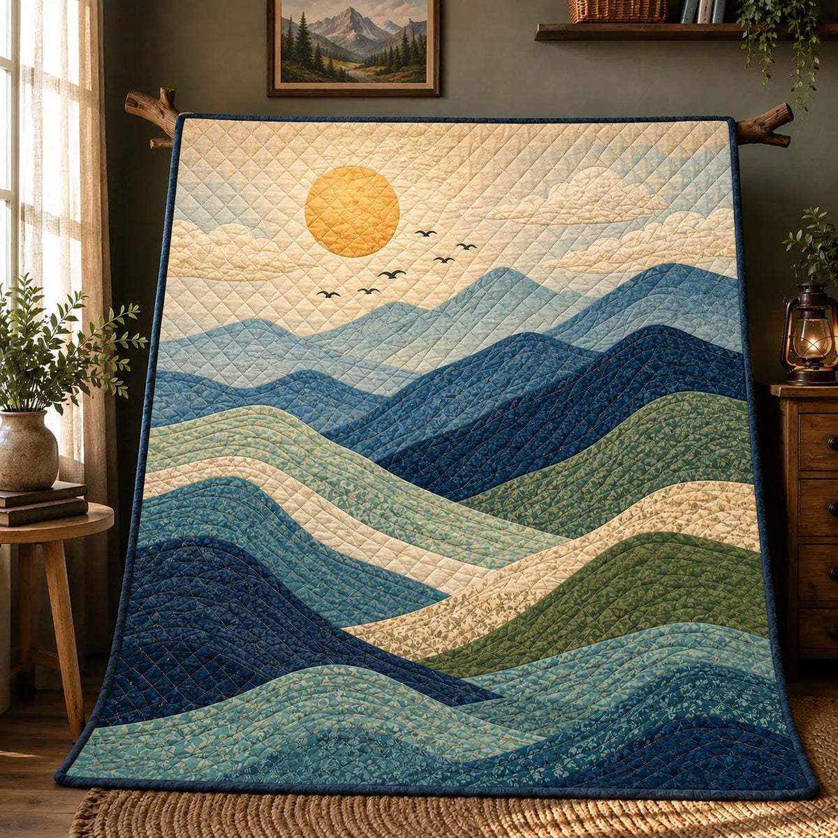 Mountain Landscape Quilt Blanket, Cozy Cabin Throw, Fall Forest Bedding, Outdoor Lover Gift