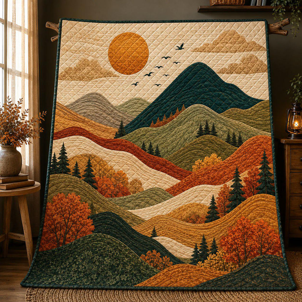 Mountain Landscape Quilt Blanket, Cozy Cabin Throw, Fall Forest Bedding, Outdoor Lover Gift