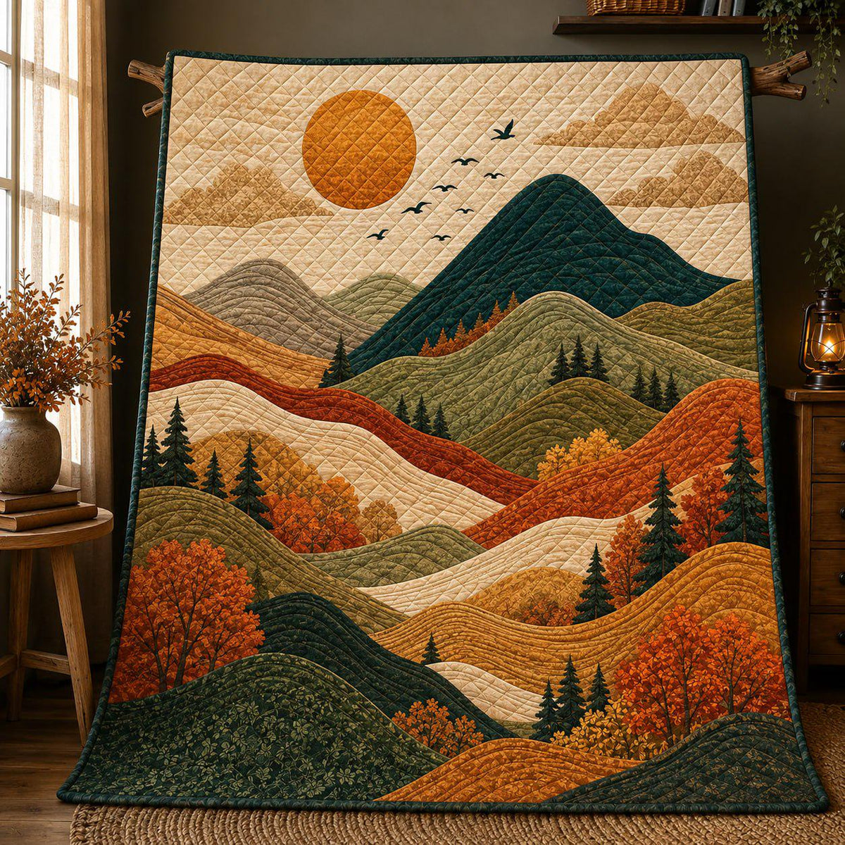 Mountain Landscape Quilt Blanket, Cozy Cabin Throw, Fall Forest Bedding, Outdoor Lover Gift