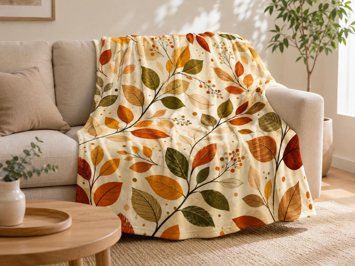 Fall Leaves Fleece Blanket, Autumn Botanical Throw Blanket, Cozy Farmhouse Blanket, Rustic Leaf Home Decor, Thanksgiving Gift for Her