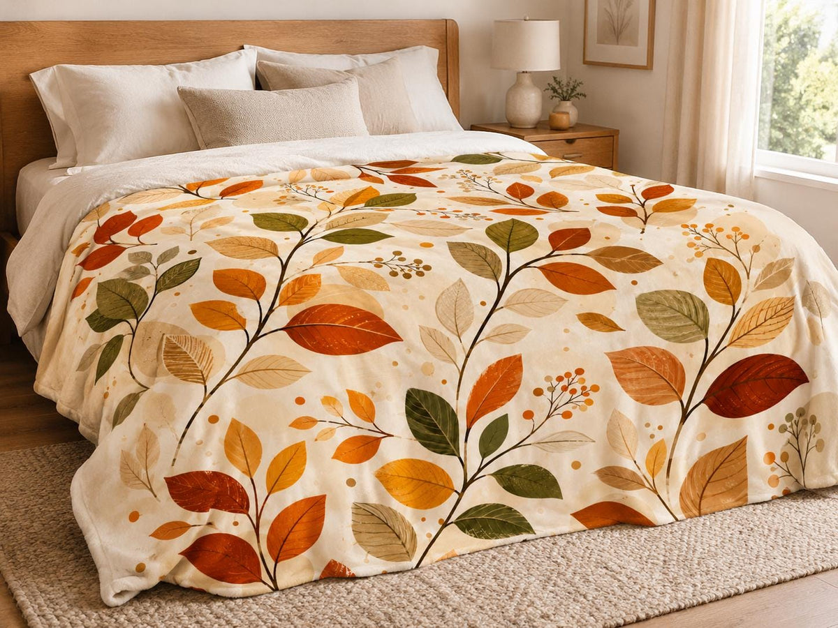 Fall Leaves Fleece Blanket, Autumn Botanical Throw Blanket, Cozy Farmhouse Blanket, Rustic Leaf Home Decor, Thanksgiving Gift for Her