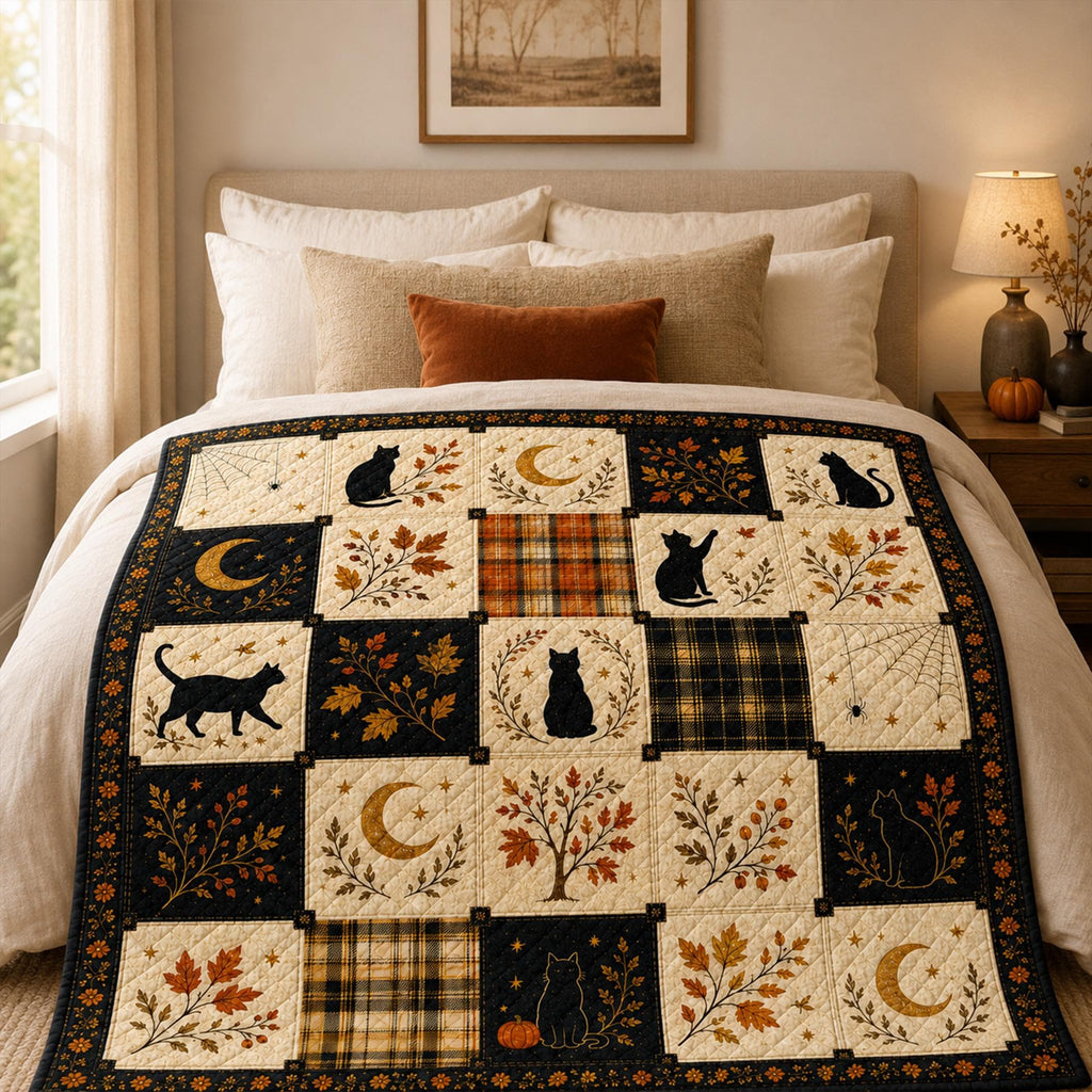 Halloween Black Cat Quilt Blanket, Autumn Patchwork Bedspread, Witchy Moon Spider Web Throw, Gothic Fall Home Decor, Cozy Cat Lover Gift