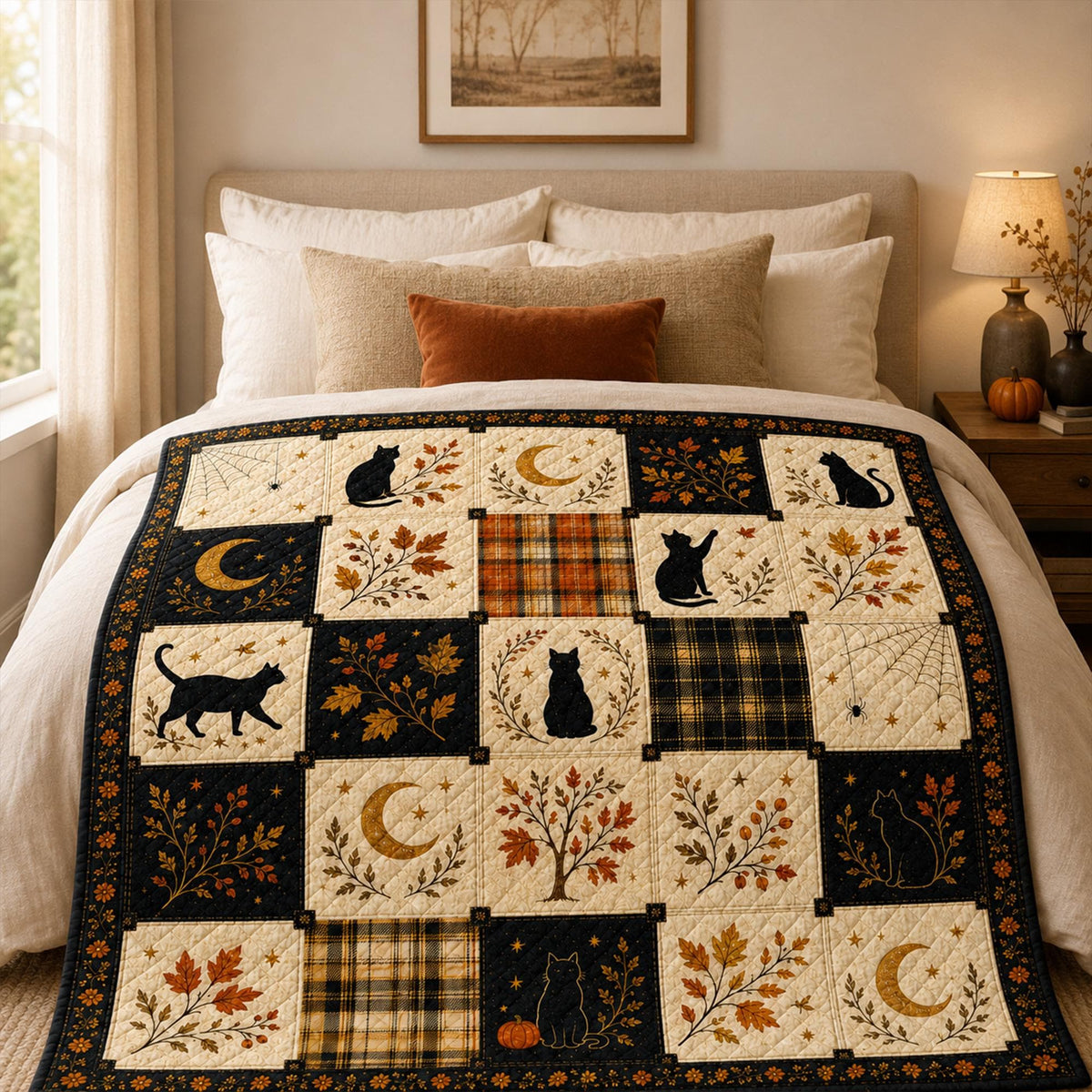 Halloween Black Cat Quilt Blanket, Autumn Patchwork Bedspread, Witchy Moon Spider Web Throw, Gothic Fall Home Decor, Cozy Cat Lover Gift