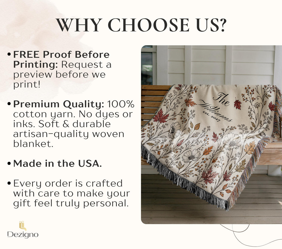 Personalized Fall Woven Blanket, Custom Family Name Throw, Autumn Wedding Gift for Couple, Cotton Anniversary Gift, Bridal Shower Decor